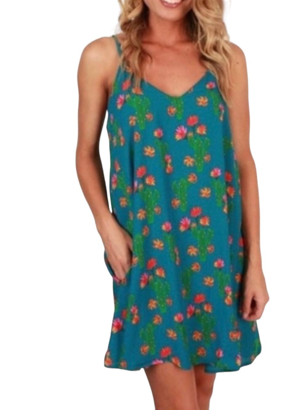 Peach Love California Teal Cactus Print Spaghetti Strap Pocket Mini Dress Small